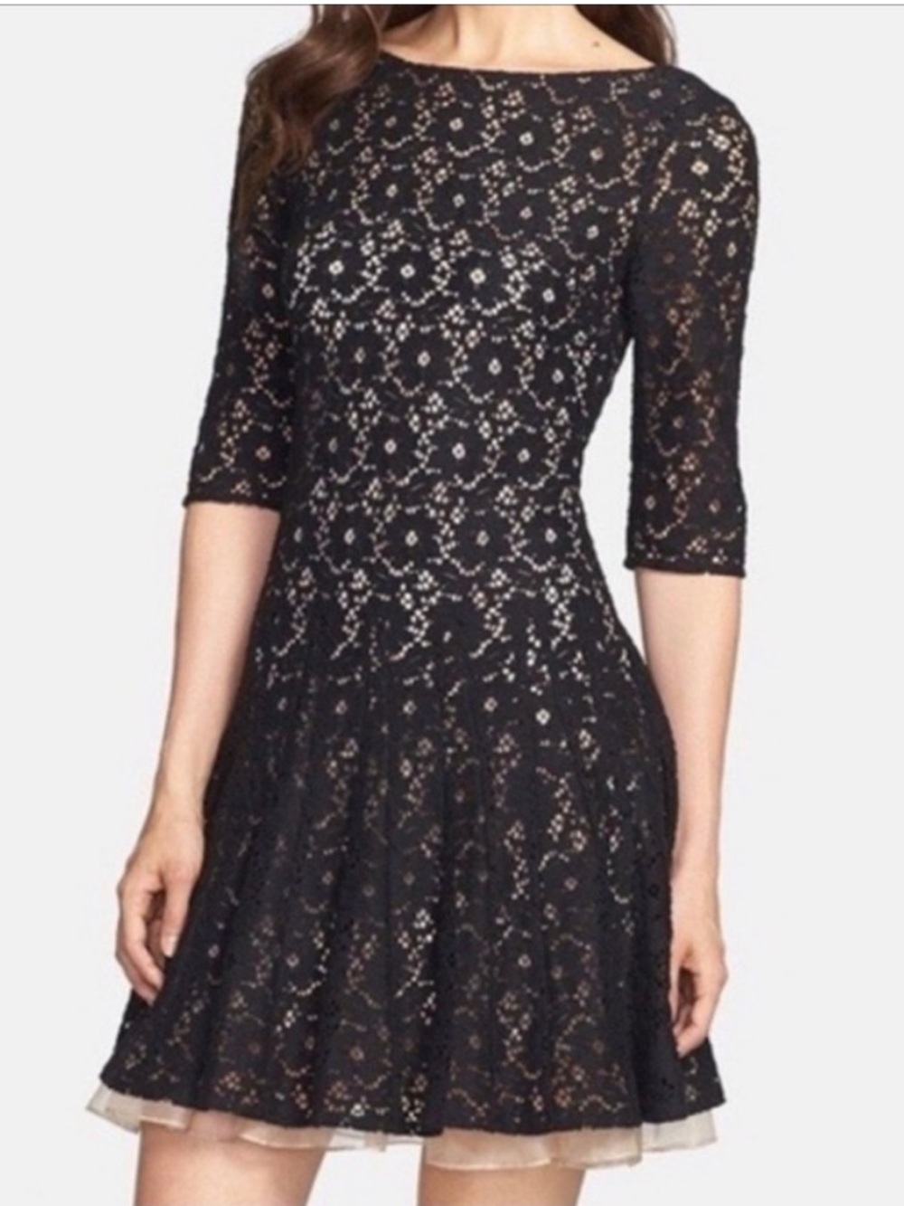 Betsey Johnson Black Lace Beige Tulle Ruffle A-line Mini Retro Dress Size 10